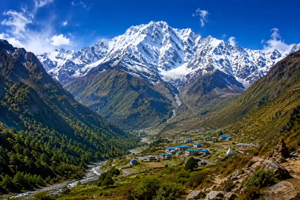 Langtang Himal Trekking — panoramic view of snow-capped Langtang Lirung above the green Langtang valley | Nepal Footprint Holiday