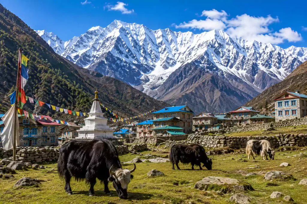 Langtang Himal Trekking — Tamang village with yaks grazing in foreground and Langtang range behind | Nepal Footprint Holiday