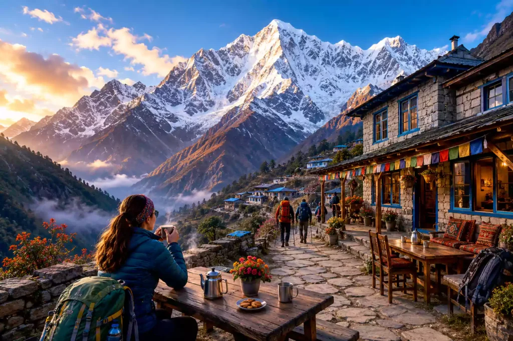 Tea house trekking in Nepal — stone lodge with Himalayan peaks behind, Langtang region | Nepal Footprint Holiday