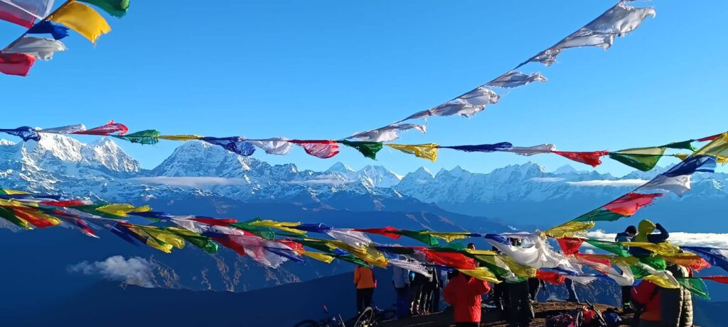 Mt. Everest Panorama with Prayer Flag from Pikey Peak