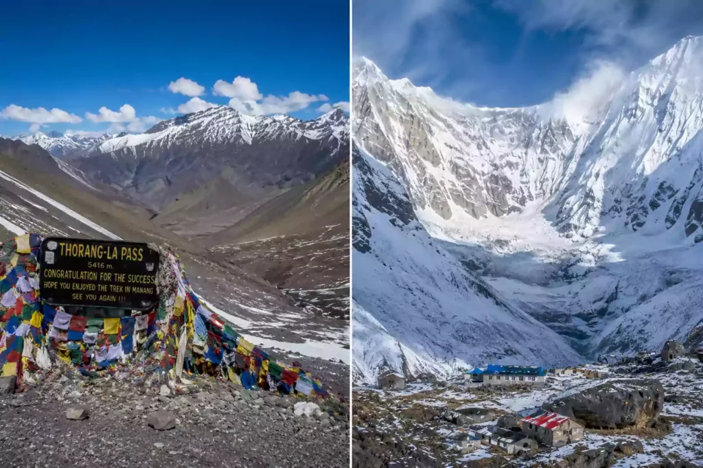 Annapurna Circuit vs Annapurna Base Camp — Thorong La Pass left and Annapurna Sanctuary amphitheatre right, Nepal | Nepal Footprint Holiday