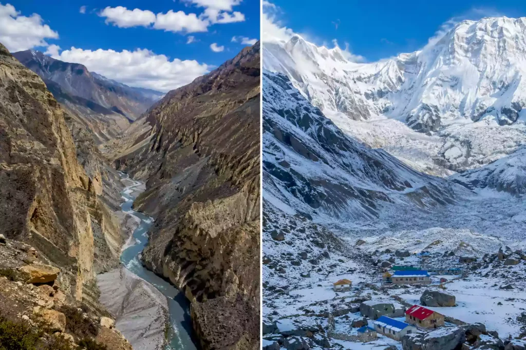 Annapurna Circuit vs Annapurna Base Camp — Kali Gandaki gorge landscape left and Annapurna Sanctuary glacier basin right | Nepal Footprint Holiday