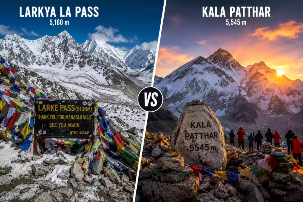 Manaslu Circuit vs Everest Base Camp — split view of Larkya La Pass on left and Kala Patthar Everest sunrise on right | Nepal Footprint Holiday