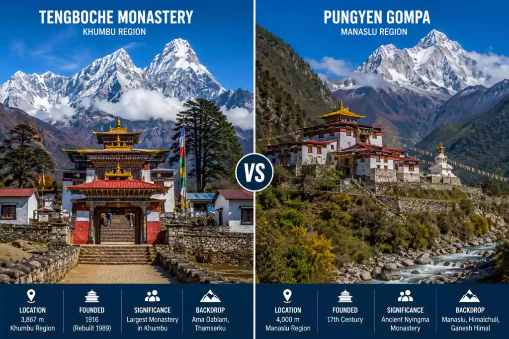 Manaslu Circuit vs Everest Base Camp — Tengboche Monastery Khumbu left, Pungyen Gompa Manaslu right | Nepal Footprint Holiday