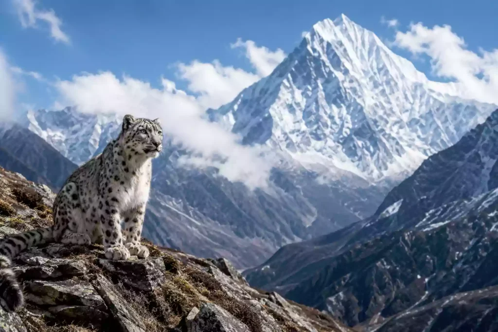 Manaslu Conservation Area wildlife — snow leopard on rocky ridge above 4000m in the Manaslu region Nepal | Nepal Footprint Holiday