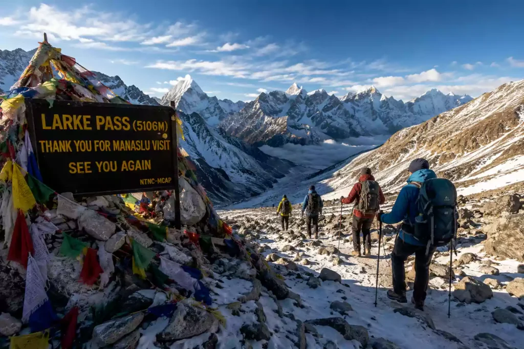 Manaslu restricted area permit 2026 — trekkers crossing Larke Pass 5160m on the Manaslu Circuit Trek in autumn | Nepal Footprint Holiday