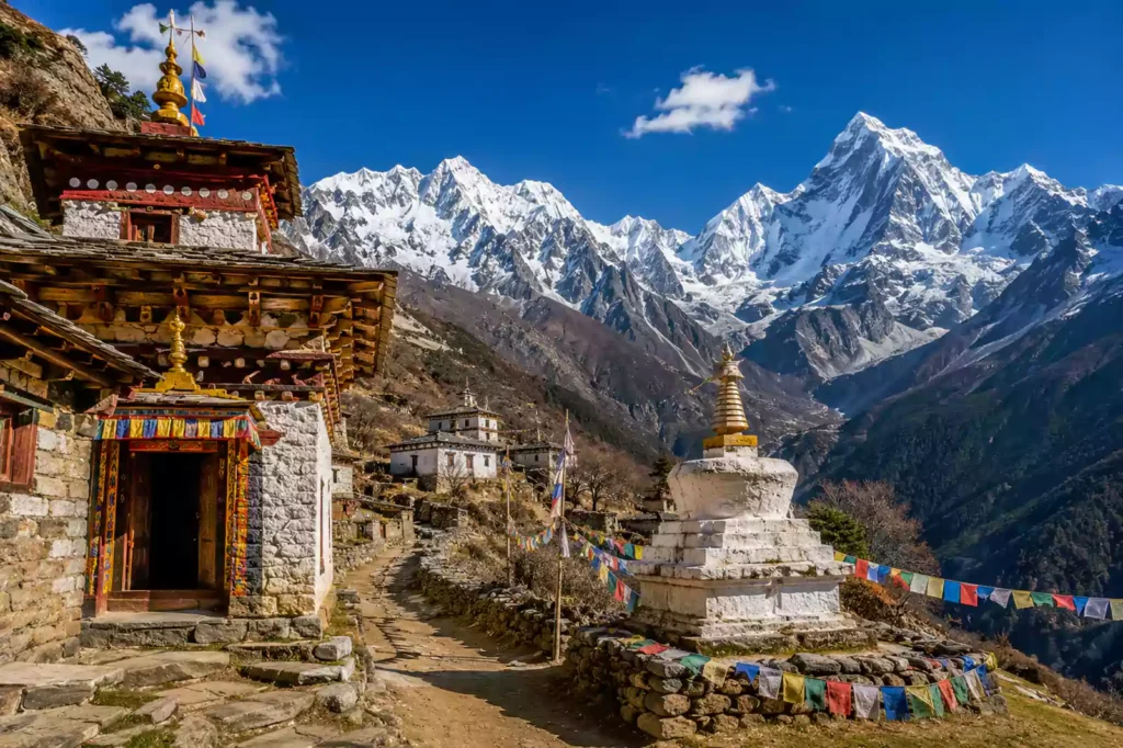 Manaslu Tsum Valley combo trek — ancient monastery in Tsum Valley with Ganesh Himal and Manaslu peaks behind | Nepal Footprint Holiday