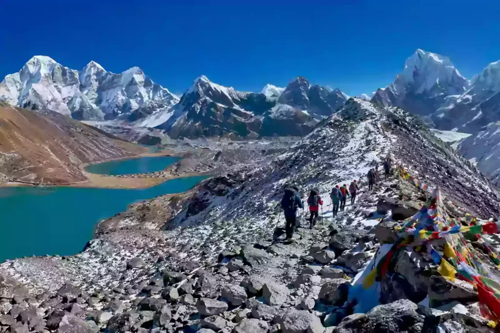 Gokyo Cho La Pass trek complete guide — trekkers crossing Cho La Pass 5420m with Everest and Lhotse visible behind, Khumbu region Nepal | Nepal Footprint Holiday
