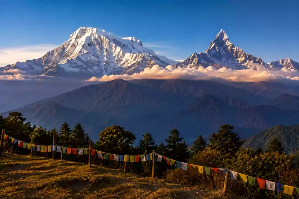 Annapurna South and Machhapuchhre peaks seen from Mohare Danda at 3,300 meters on the Dhaulagiri Community Trek by Nepal Footprint Holiday
