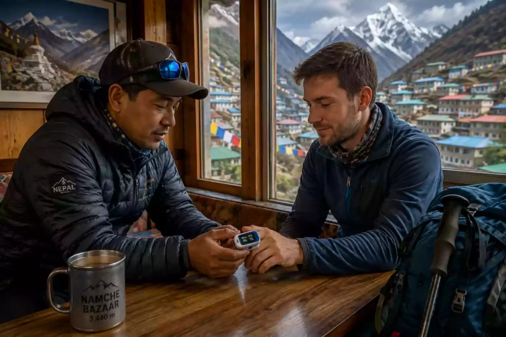 Nepal Footprint Holiday Guide Checking Trekker Oxygen Level with Pulse Oximeter on Everest Base Camp Trek