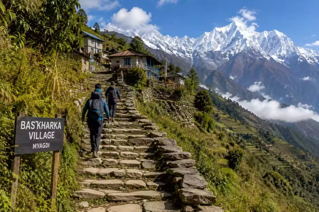 Stone staircase trail climbing to Bas Kharka village in Myagdi on the Dhaulagiri Community Trek by Nepal Footprint Holiday
