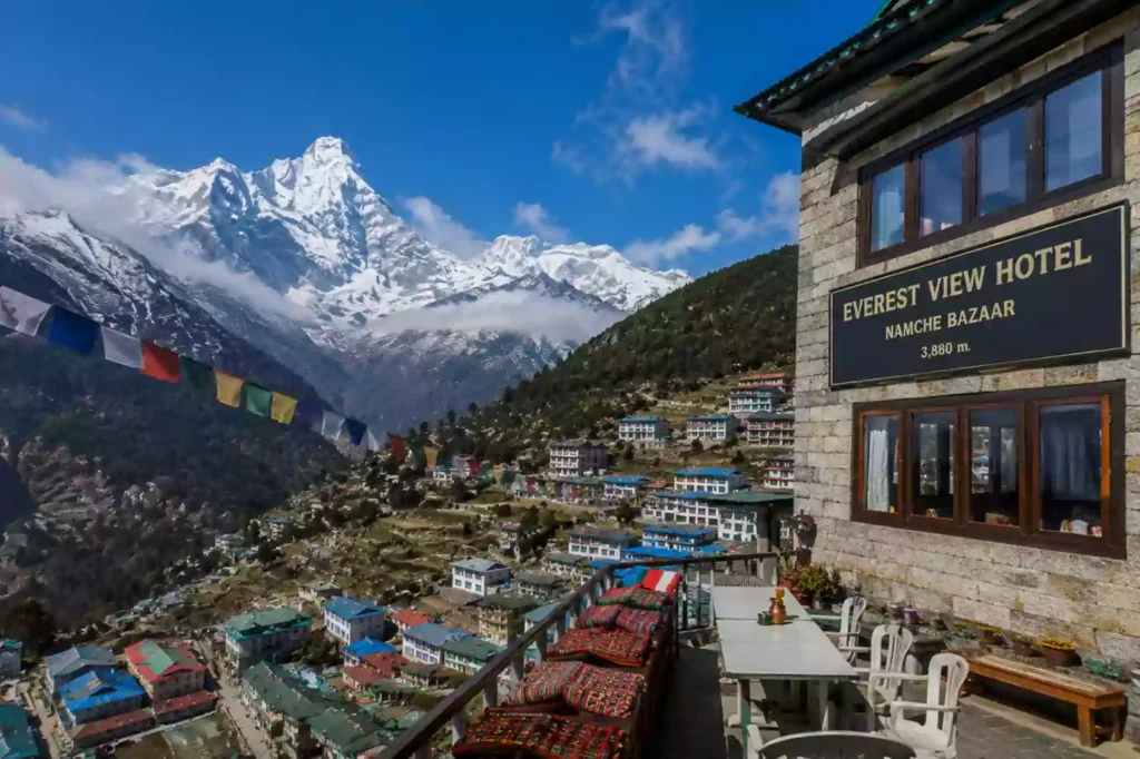 Panoramic view of Mount Everest from Hotel Everest View near Namche Bazaar by Nepal Footprint Holiday