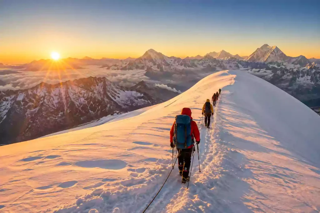 Alt Text Climbers ascending the Mera Peak summit ridge at sunrise with Nepal Footprint Holiday