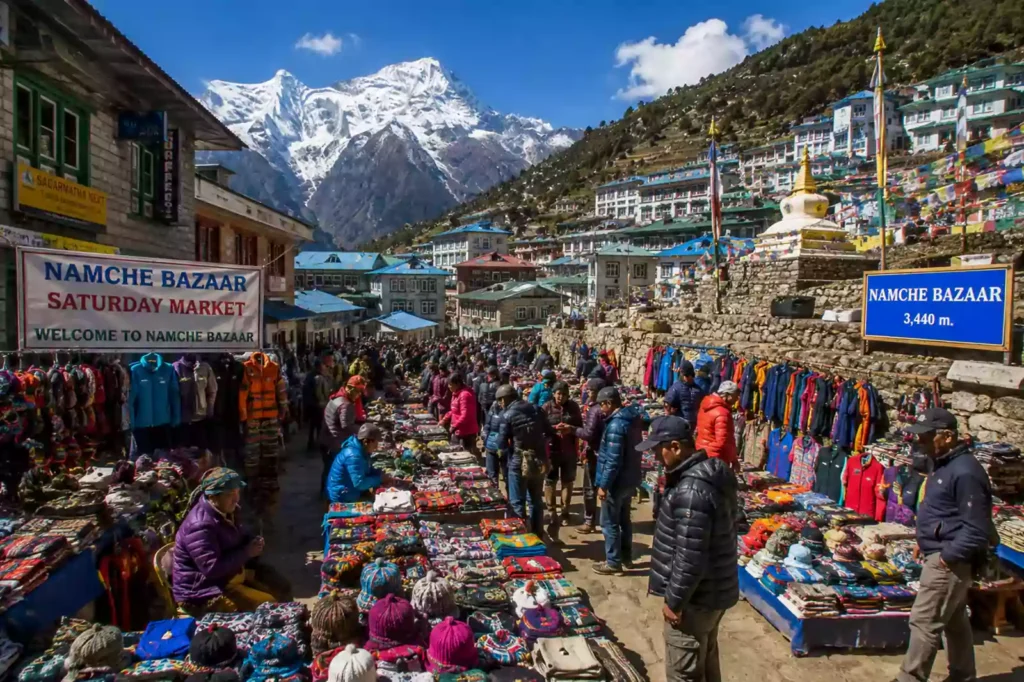 Busy Saturday market in Namche Bazaar Sherpa village during Everest Base Camp trek by Nepal Footprint Holiday