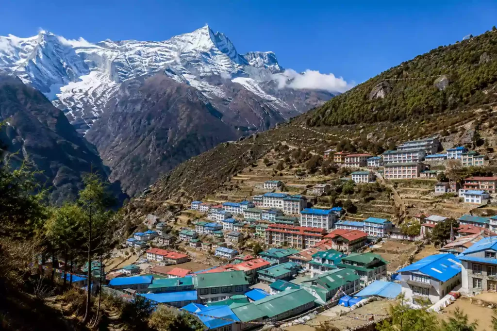 Panoramic view of Namche Bazaar Sherpa village in Nepal's Khumbu region by Nepal Footprint Holiday