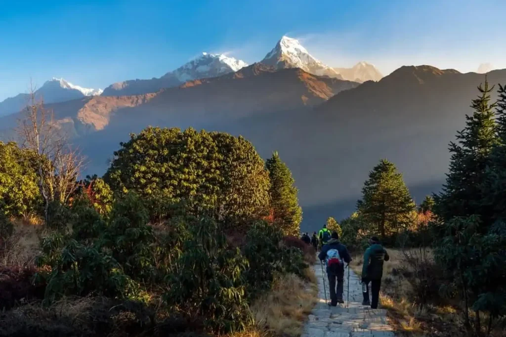 Trekking trail leading through the Himalayan landscape near Poon Hill in Nepal