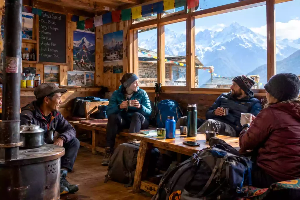 Trekkers resting in a Himalayan teahouse on the Annapurna Base Camp route