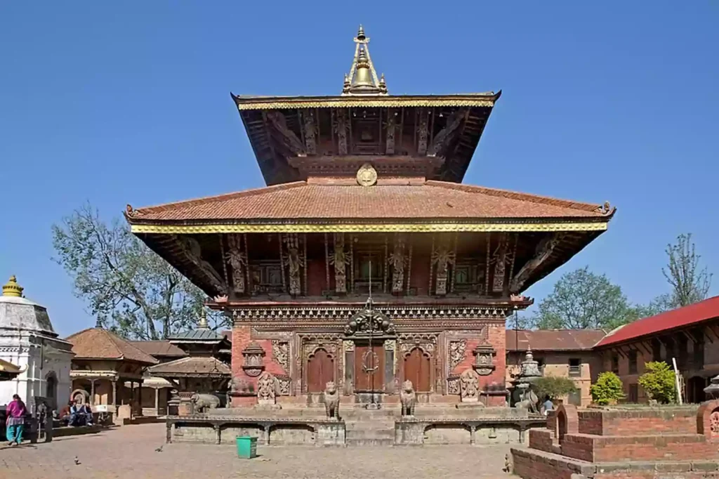 Changu Narayan Temple entrance with stone griffins, a stop on Kathmandu day hiking and heritage tours