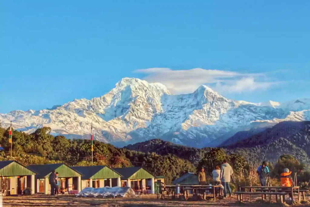 Green-roofed teahouses at Australian Base Camp along the Mardi Himal trek route.