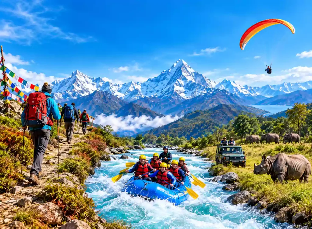 Paraglider flying over snow-capped Himalayan peaks and green valley in Nepal – Nepal Footprint Holiday