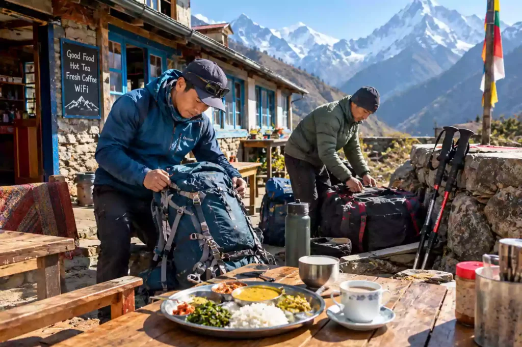 Trekking guide organizing gear and supplies outside a tea house lodge during a Nepal Footprint Holiday trek