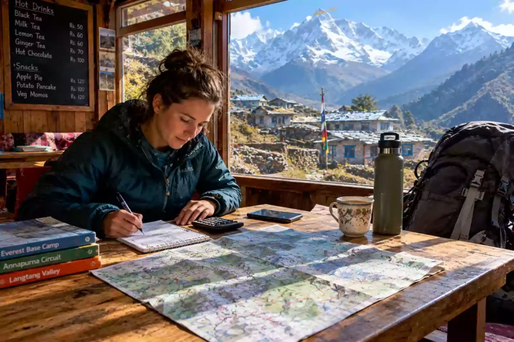 Trekker planning Nepal trekking costs and route budget at a Himalayan tea house