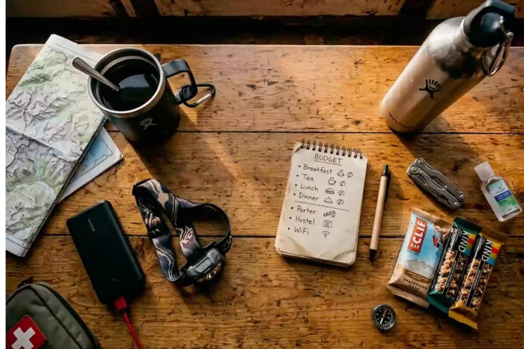 Flat lay of Nepali rupee notes, power bank, water bottle, tea and snacks showing daily trekking expenses in Nepal