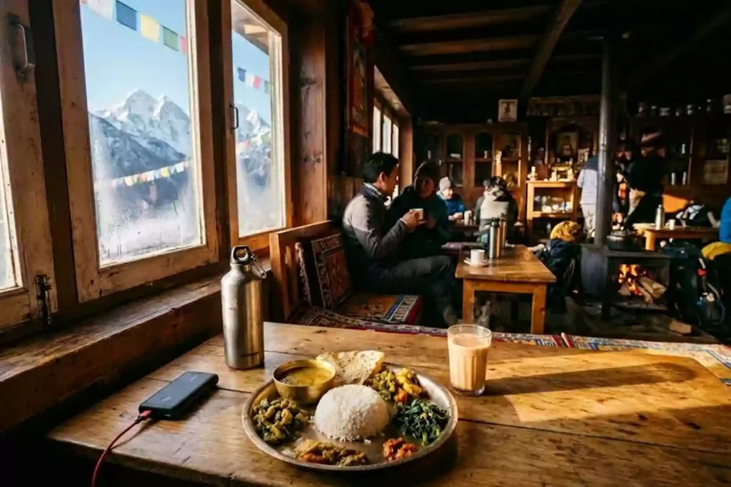 Cozy mountain teahouse dining room with a wooden table, window view, and hot tea representing Nepal trekking daily cost for food by Nepal Footprint Holiday