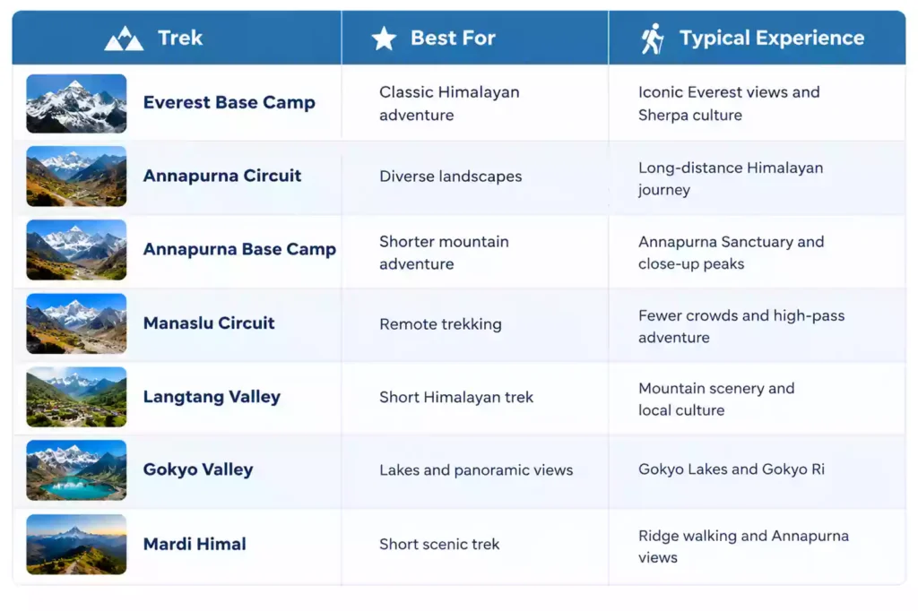 Comparison table of popular Nepal trekking routes for October and November by Nepal Footprint Holiday