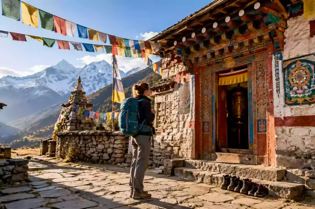 Trekker removing shoes before entering a traditional monastery while trekking in Nepal