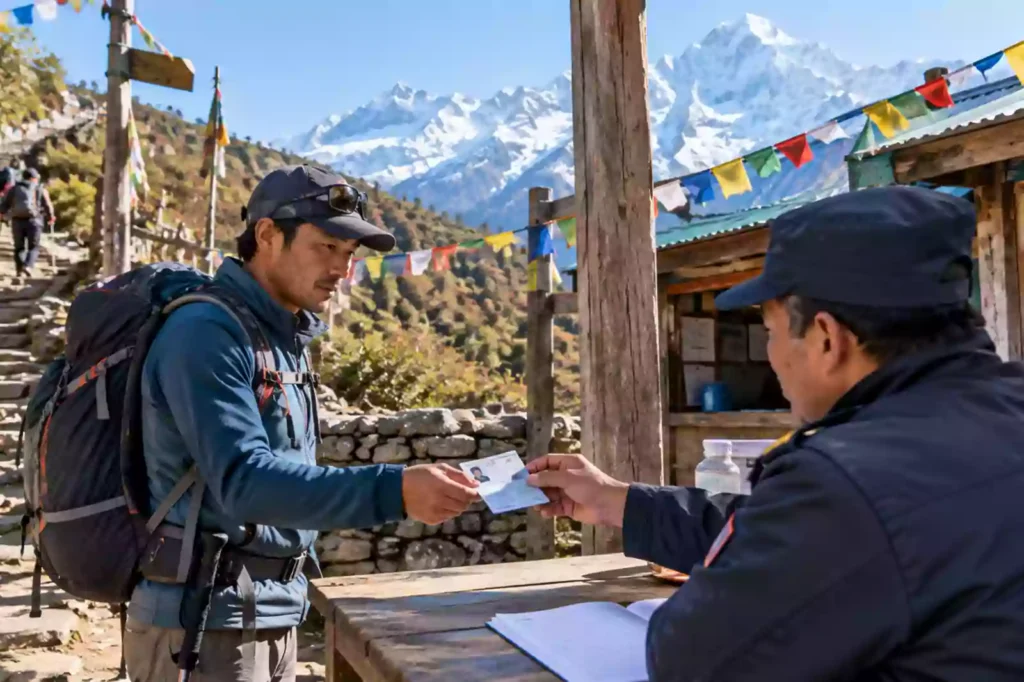 Trekking guide showing a TIMS permit card at a checkpoint on a Nepal trekking route