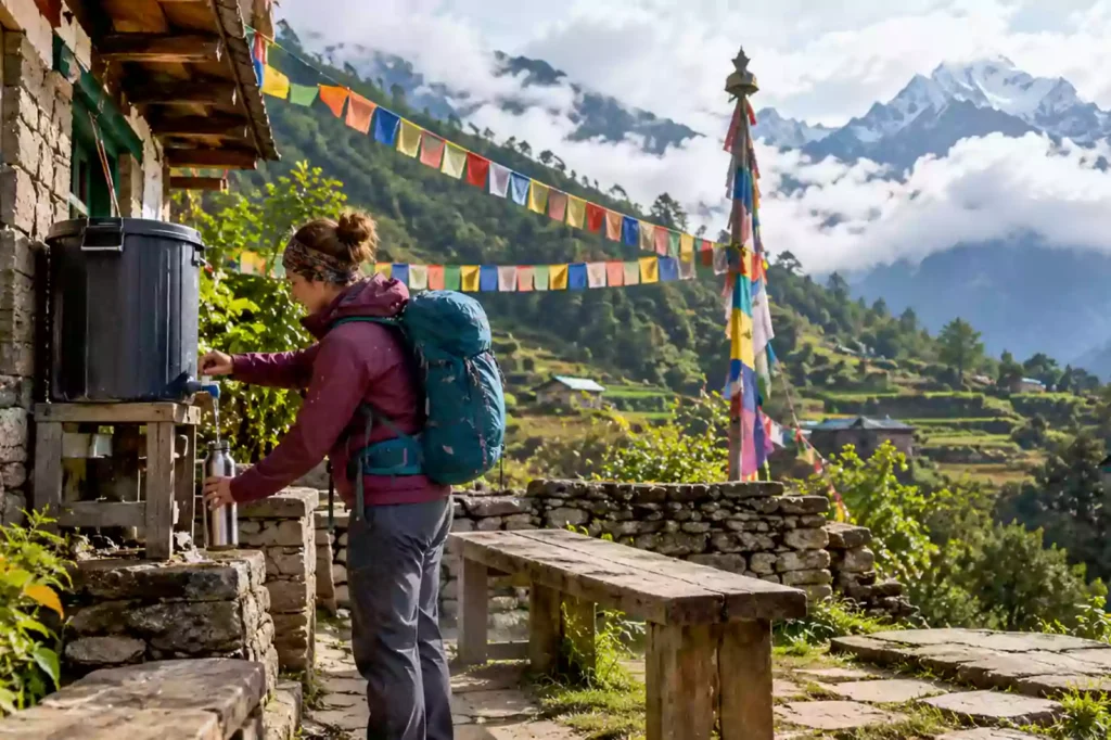 Trekker refilling a reusable water bottle at a tea house while trekking in Nepal